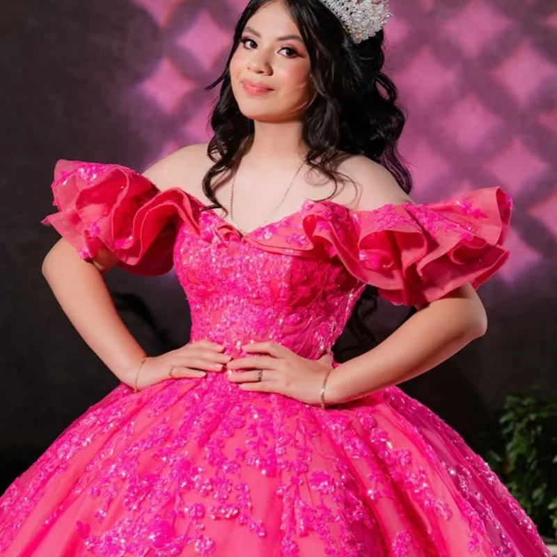 

rose pink Quinceanera Dress Lace layering Tull glitter decal flower vestidos de 15 Quinceanera ﻿Customized