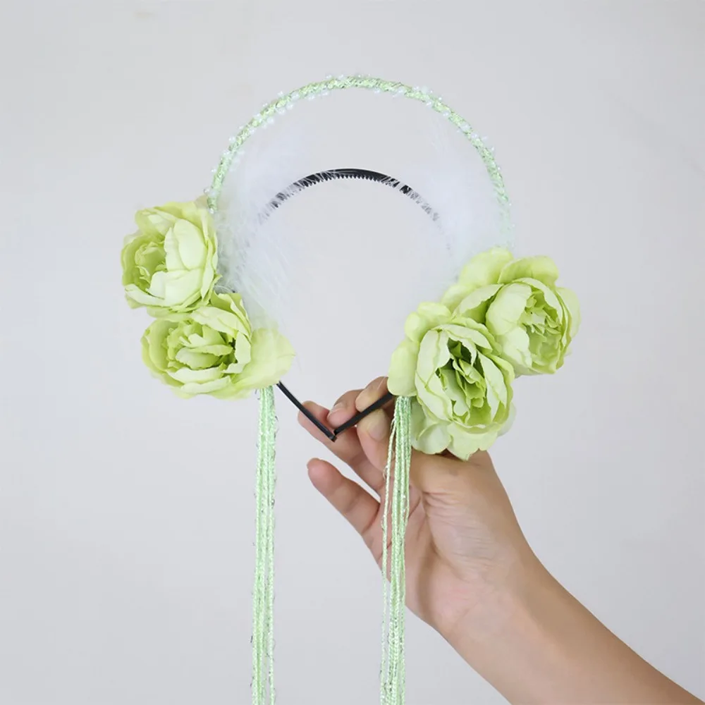 Kawaii Feather Flower Headband Seven Fairy Bead Tassel Hair Hoop Ancient Elf Hanfu Hair Accessories Cosplay