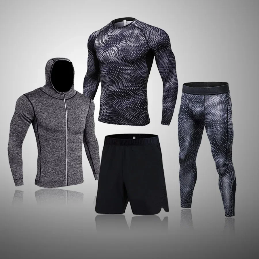 

Winter Thermal Underwear Sets Men's Compression Sportswear Long Sleeve Jacket Gym Leggings Men's Fitness 4pc Set 3XL