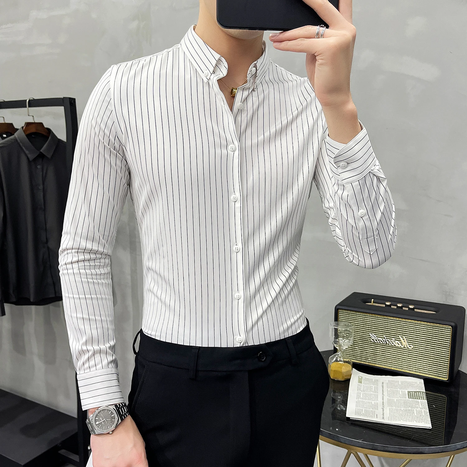 British Style Striped Shirts Mens Long Sleeve Business Formal Dress Shirt Casual Slim Fit Shirt Streetwear Social Party Clothing