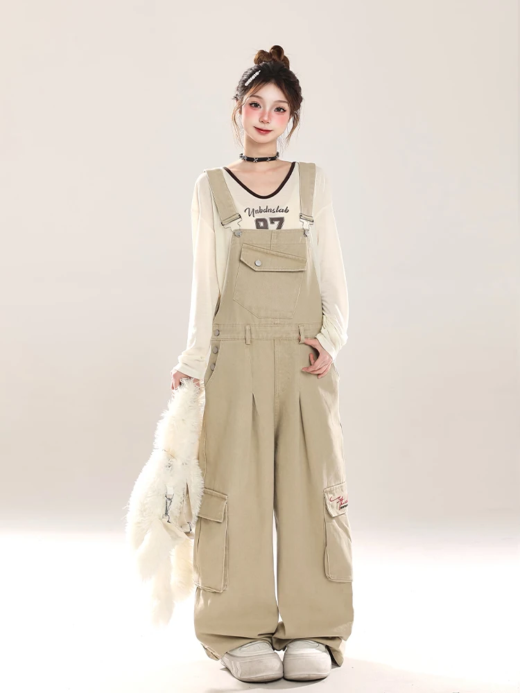 American Retro Denim Overalls Women's Summer Loose Straight Leg Trousers Multi-Pocket Workwear Jeans Long Pants