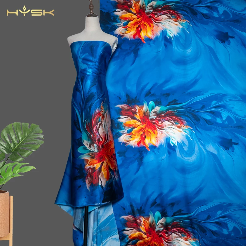 HYSK 100% natural heavy real silk charmeuse fabric large abstract floral unique printing per meter price for wedding dress E3217