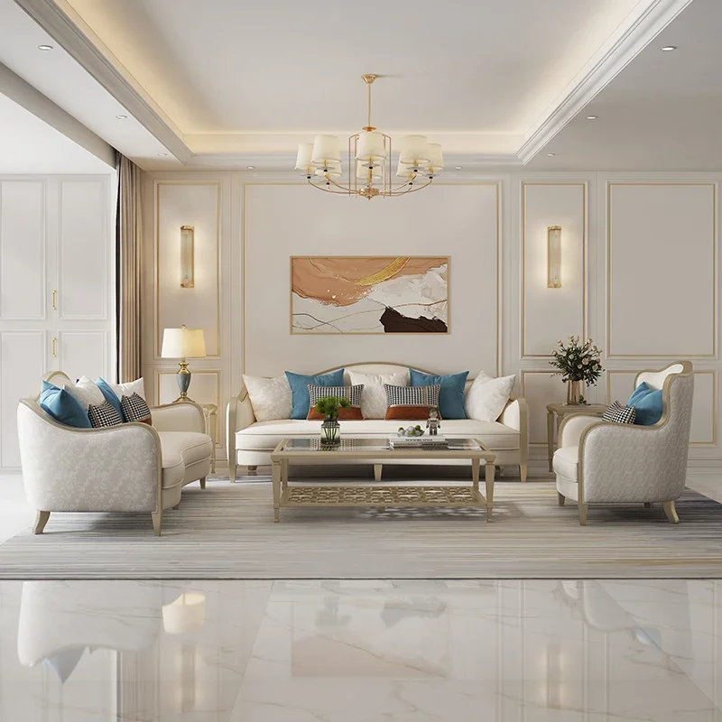 

Blues ribbon sofa light luxury American fabric modern living room combination Italian small apartment solid wood sofa