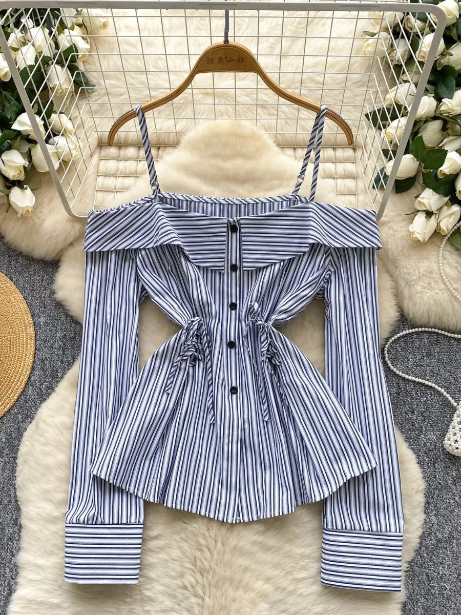 Foamlina-Blusa elegante con hombros descubiertos y tirantes Halter para mujer, blusa a rayas con cintura ceñida, camiseta única con una botonadura