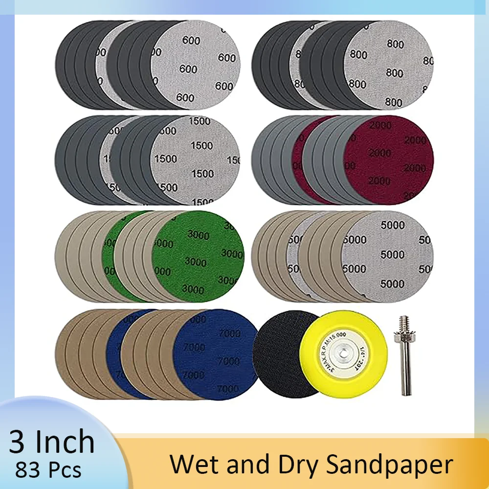 3 Inch 83 Pcs Wet Dry Silicon Carbide Sandpaper Kit  Hook and Loop Assorted 600-7000 Grits with 1/4 Adapter for Car Headlight