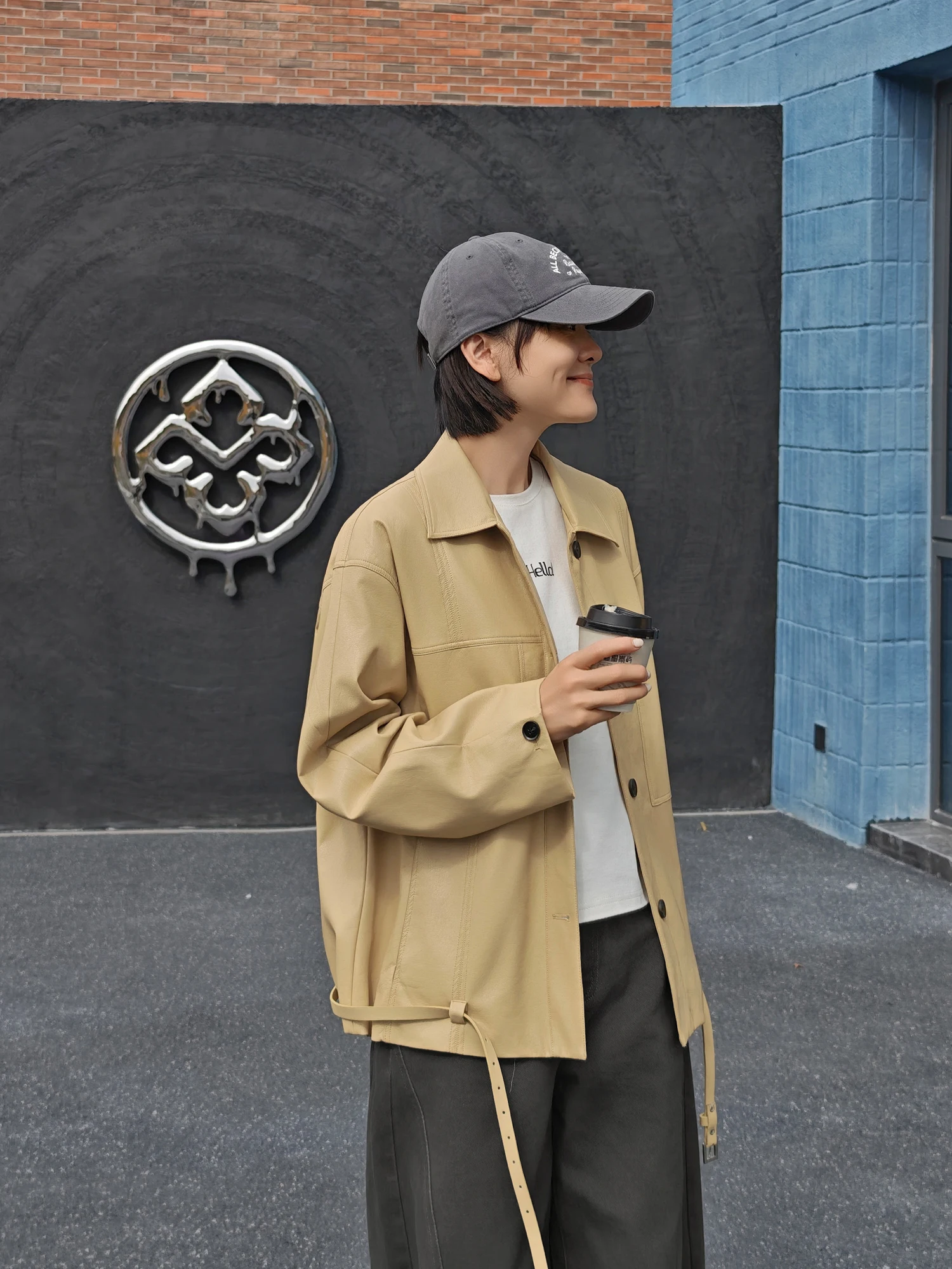 Cappotto antivento Jaet in pelle da donna casual allentato oulder Design Sve Colletto ribaltabile Chiusura con bottoni Colore puro Abbigliamento quotidiano