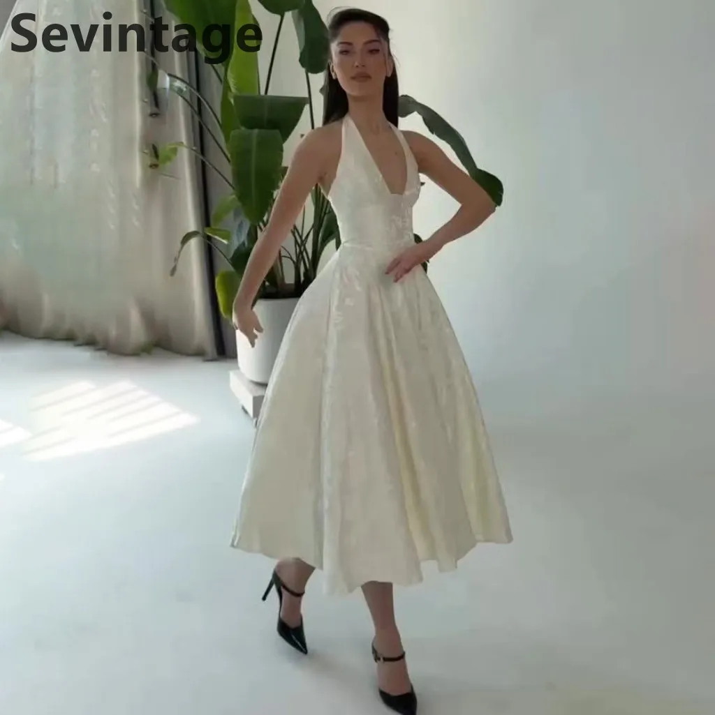 

Sevintage 2025 Vintage Ivory Lace Wedding Dress Tea-Length Halter Neck A-Line Bridal Gown Customizable Robe De Mariée
