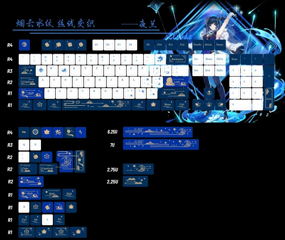 

140 Keys/set Yelan Key Caps PBT Dye Subbed Anime Gaming Keycaps Cherry Profile Lightproof Keycap For GH60 GK64 68 75 96 980