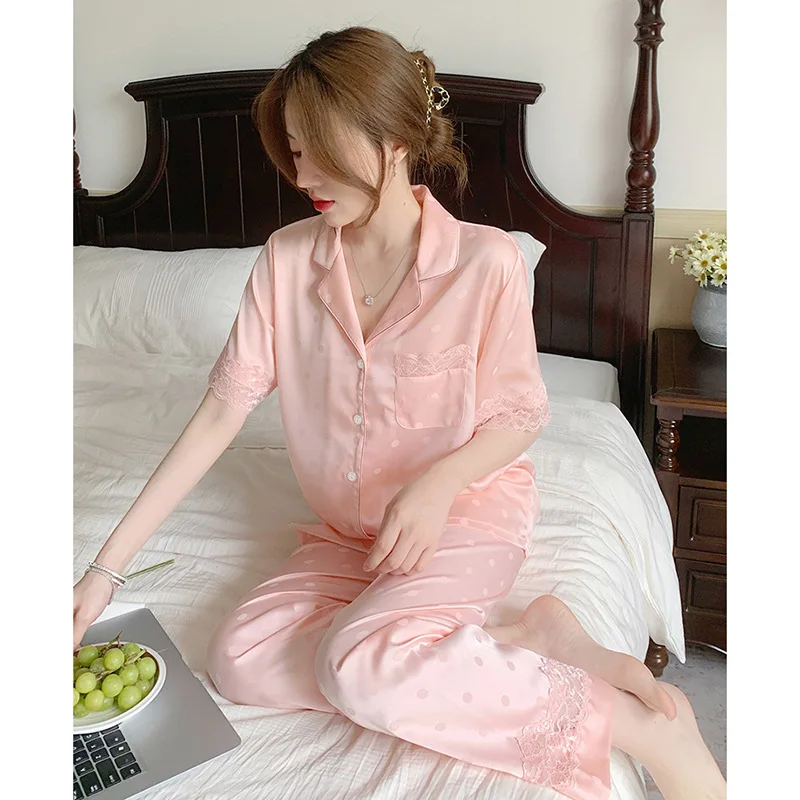 Pajamas for Women Pink Wave Dotted Lace Short Sleeve Pants Two Piece Set Satin Silk Pjs  Lace Polka Dot Gentle Girl\'s Loungewear