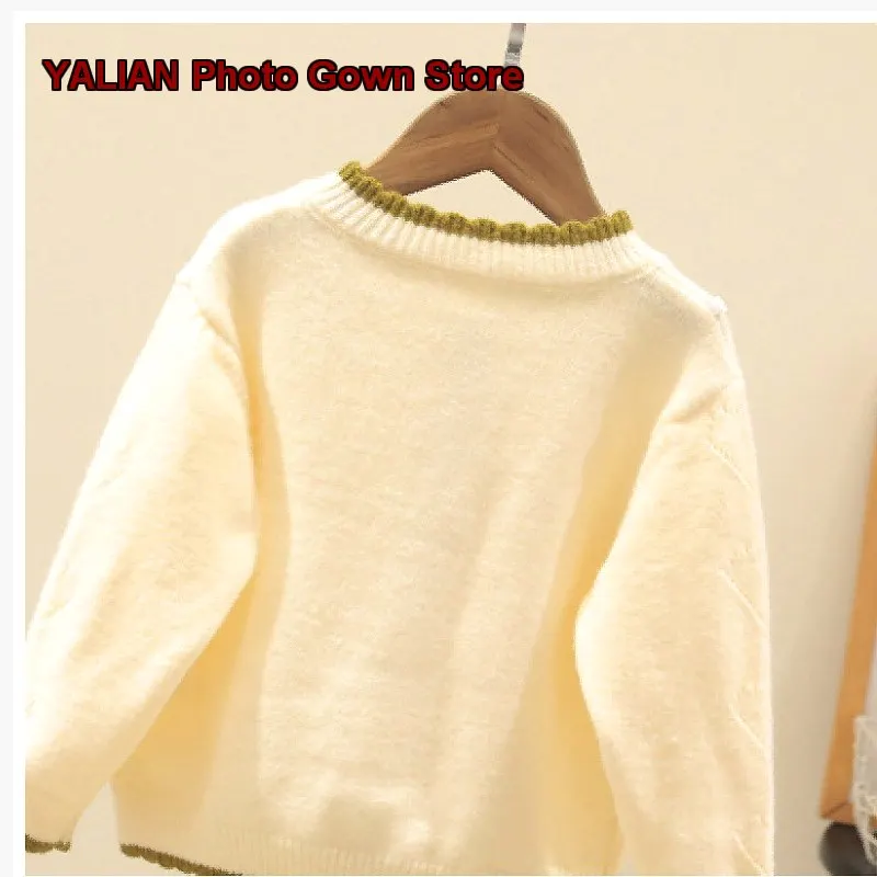 Girls Knit Cardigan Kids Spring Autumn Pullover Sweater Solid Color Elegant Two-Piece Set