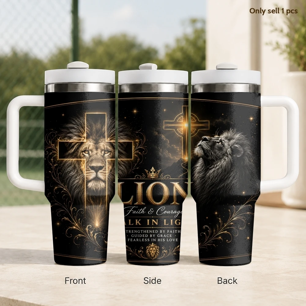 

Christ The Cross Lion Tiger Wolf Vacuum Flasks 40oz Stainless Steel Insulated Tumbler With Handle & Straw Leakproof Travel Mug