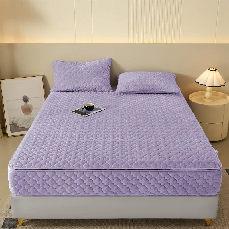 

2025 new crystal velvet padded six-sided full-wrapped fitted sheet thickened zipper fitted sheet solid color, no pillowcase