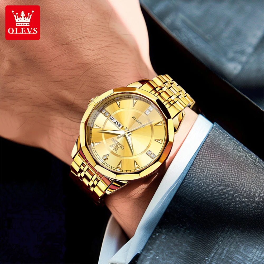 ساعة كوارتز OLEVS 9977 للجنسين مع مرآة معين مقاومة للماء وسوار فولاذي مضيء ووظيفة التاريخ النهاري للرجال والنساء
