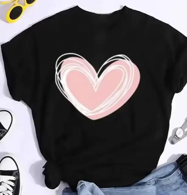 Women's Crew Neck Short Sleeve Graphic T-Shirt Double Heart Printed Casual Style Summer Daily Wear Gift for Girlfriend Women Top