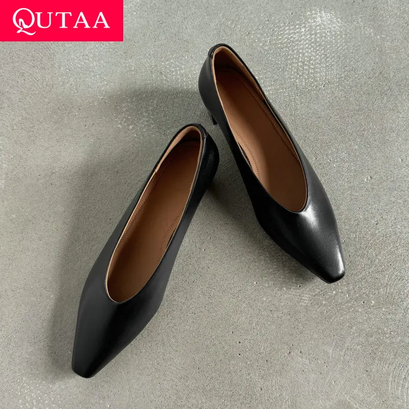 

QUTAA 2025 модные женские туфли-лодочки на высоком каблуке, пикантные туфли из коровьей кожи для вечеринок, летние офисные туфли с острым носком, платье 34-40