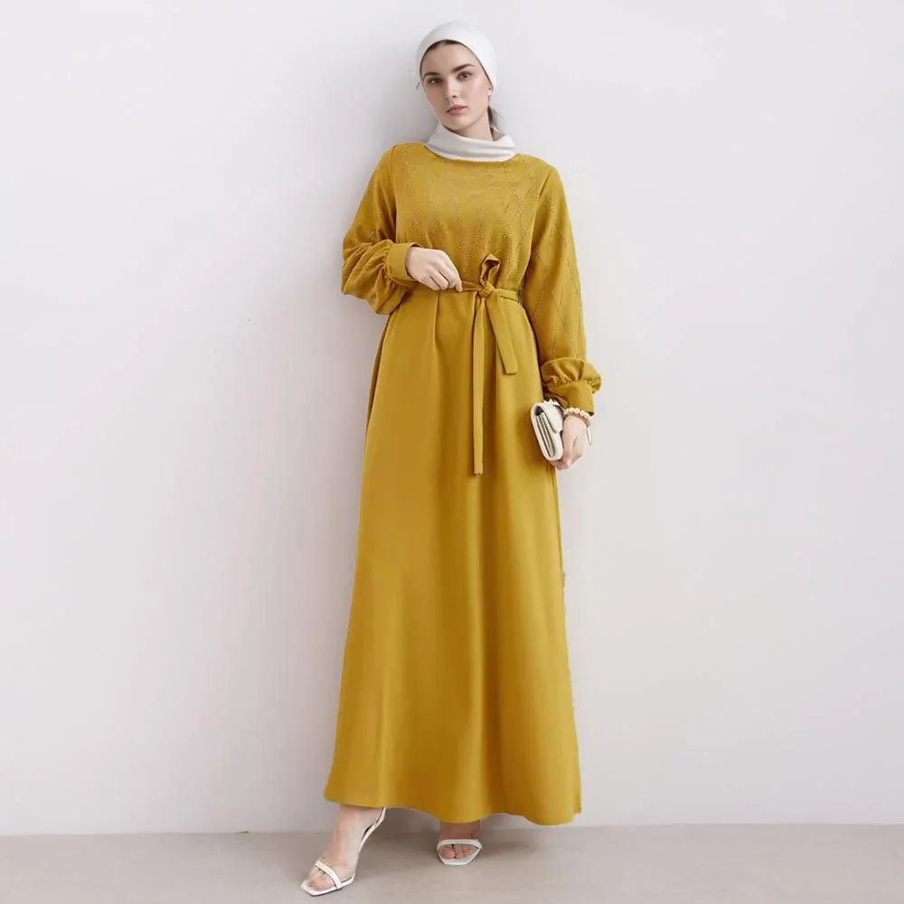 RIMAIRE 2024 New Fashionable Muslim Abaya with Diamonds Decoration Comfortable and Loose Islam Robe Modest Polyester Dresses