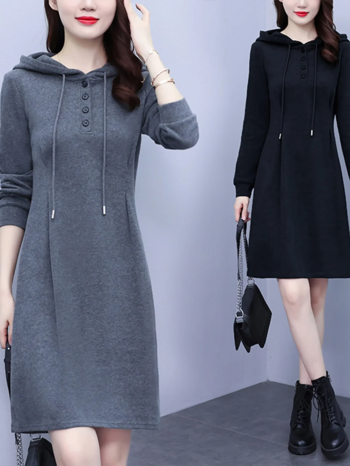 

plus Size Autumn Winter Casual Hooded Dr Women's Mid-Length Fce Lined Thiened Sweatirt Base irt Cotton Polyester