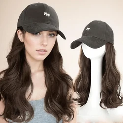 18' All-In-One Wavy Baseball Hat Wig With Cartoon Fox Embroidery Body Wave Synthetic Hair Wig With Adjustable Hat For Daily Use