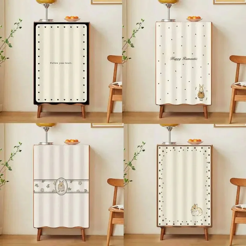 VIKAMA Minimalist Rabbit Cabinet Curtain Striped Bunny Print Fabric Dust-proof Curtain with Have A Good Time Text Home Decor