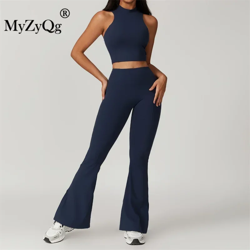 MyZyQg Women Yoga Vest Flared Pants Sets Sports Fitness Running Tank Top Pant Suit Fitness Running Clothes 2 Piece Sets Outfits