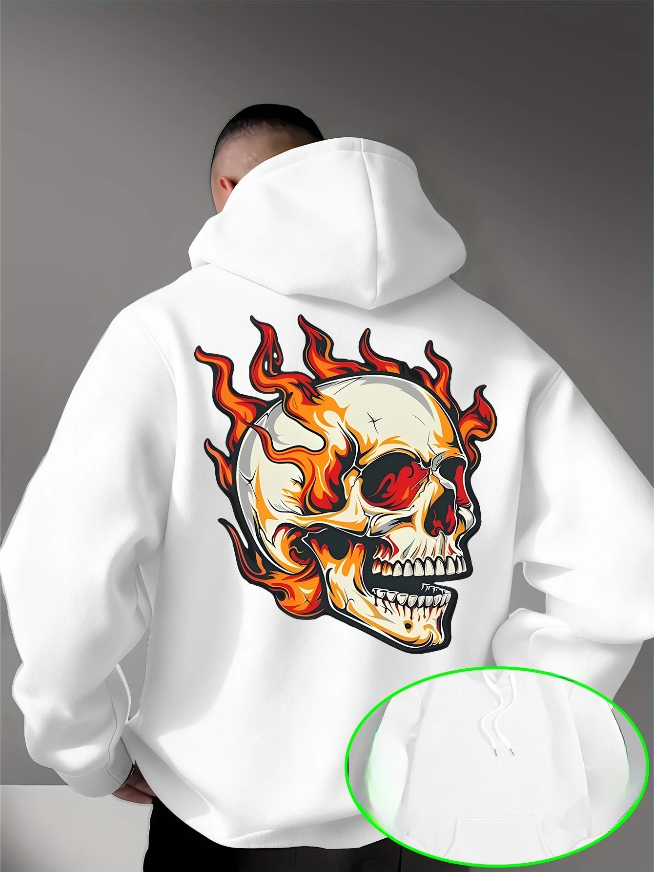 Flame Skull Creative Print Men Hooded Sweatshirt Autumn and Winter Daily Outdoor Sports Loose Fitness Leisure Warm Street Style
