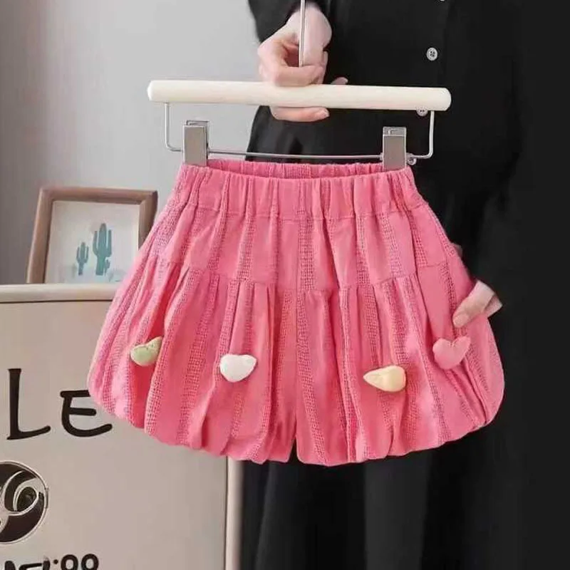 

Minimalist Thin Style Summer New Girls Elastic Mid Waist Patchwork Love Flower Bud Casual Fashion Loose Sweet All-match Shorts