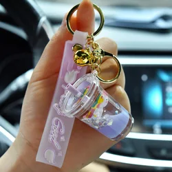 Floating Liquid Into Oil Pearl Glitter Cartoon Keychain Women Girl Bag Pendant Cute Mug Bottle Keyring Key Charm Gift