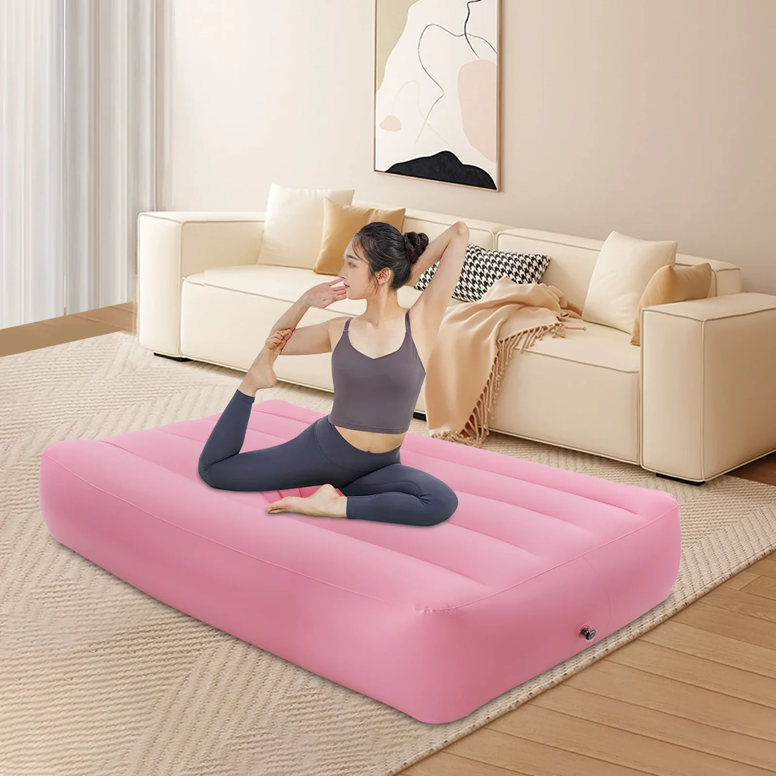 مرتبة هوائية PVC وردية مع فتحة مركزية، سرير ضيوف قابل للنفخ بارتفاع مزدوج للبالغين والأطفال، صمام نفخ سريع، مانع للتسرب