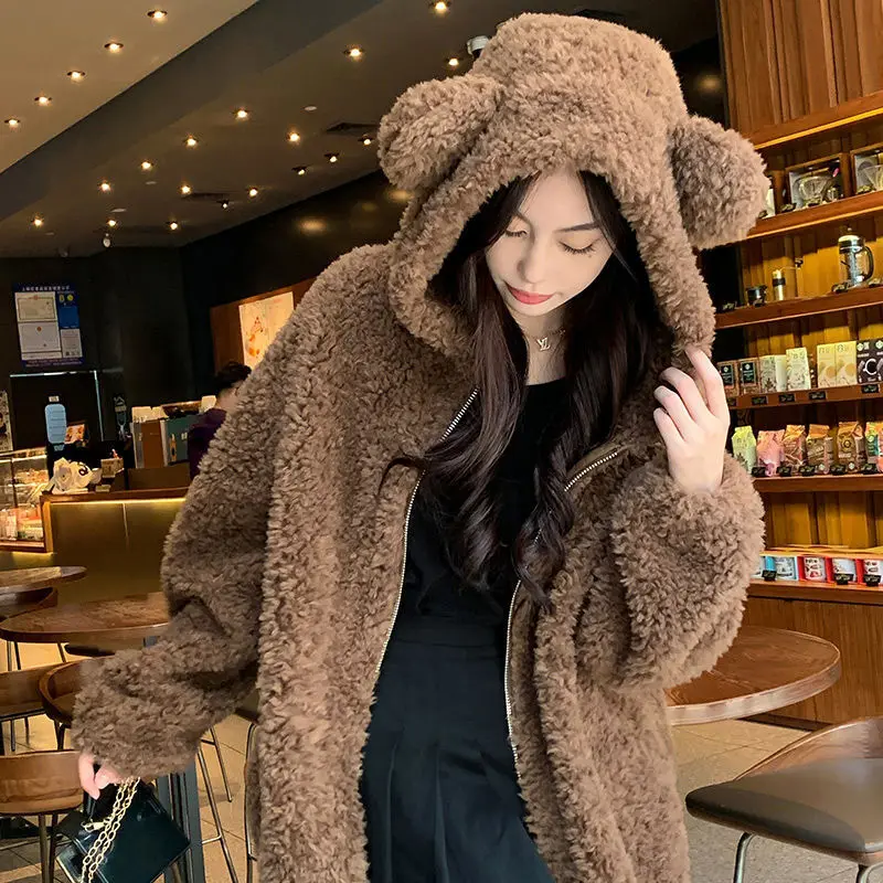 

Lamb Hair, Little Bear Ears, Pure Wool, Young Style Hooded Haining Granular Fleece Jacket, 2023 New Women's Fur Winter