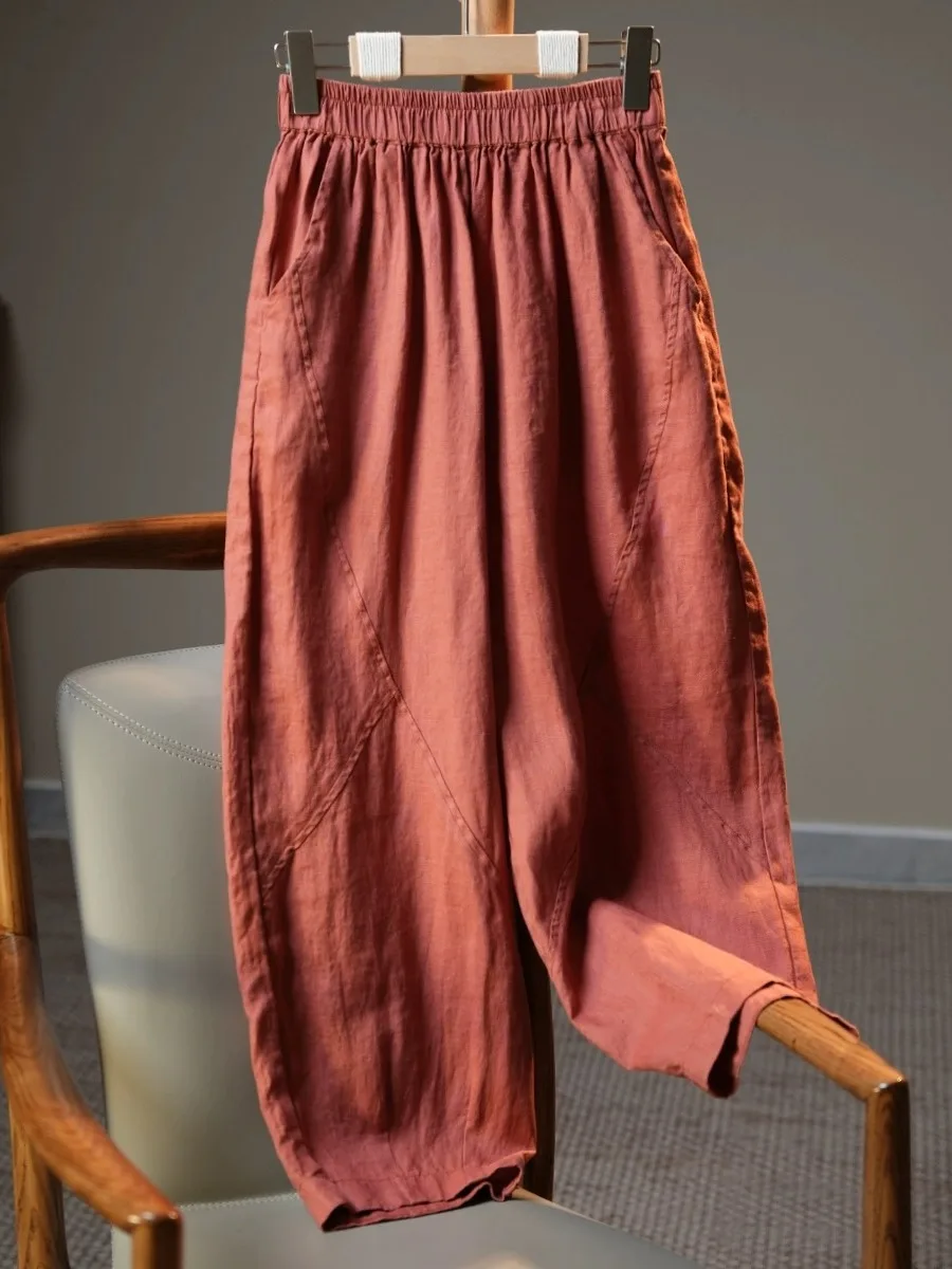 

Casual Cotton Linen Pants for Women Summer Elastic Waist Large Size Harem Pants Slimming Carrot Pants Pure Color Block