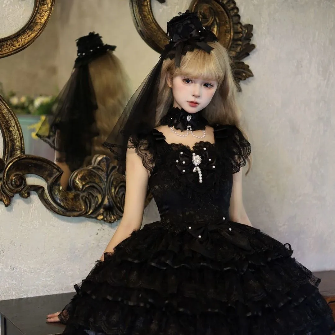 Luxurious Lolita Wedding JSK Dress Elegant Cute Bow Suspender Dress Lace Ruffle… - Image 4