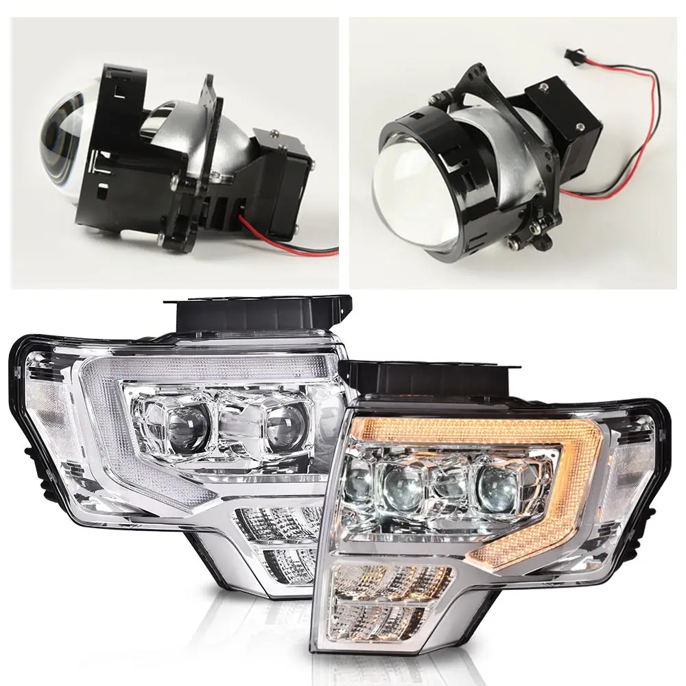 

Светодиодные фары в сборе, совместимые с Ford F150 2009-2014, бампер, прозрачные линзы, хромированный корпус, прозрачный светодиодный отражатель