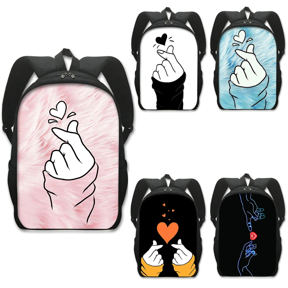 

Lovely Finger Heart Print Backpack Korean Ulzzang Graphic Women Rucksack School Bags for Teenager Girls Daypack Laptop Backpacks
