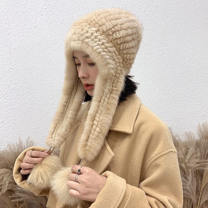 

Winter Women's New Warm Hat Luxury Mink Weaving Casual Elastic Hat Russian Fashion Ear Protection Windproof Scarf Hat