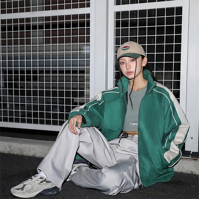 

American Street Y2K Suede Jacket For Women Spring Autumn Fashion Contrast Color Zip Up Coat Thicken Popular Sports Outerwear