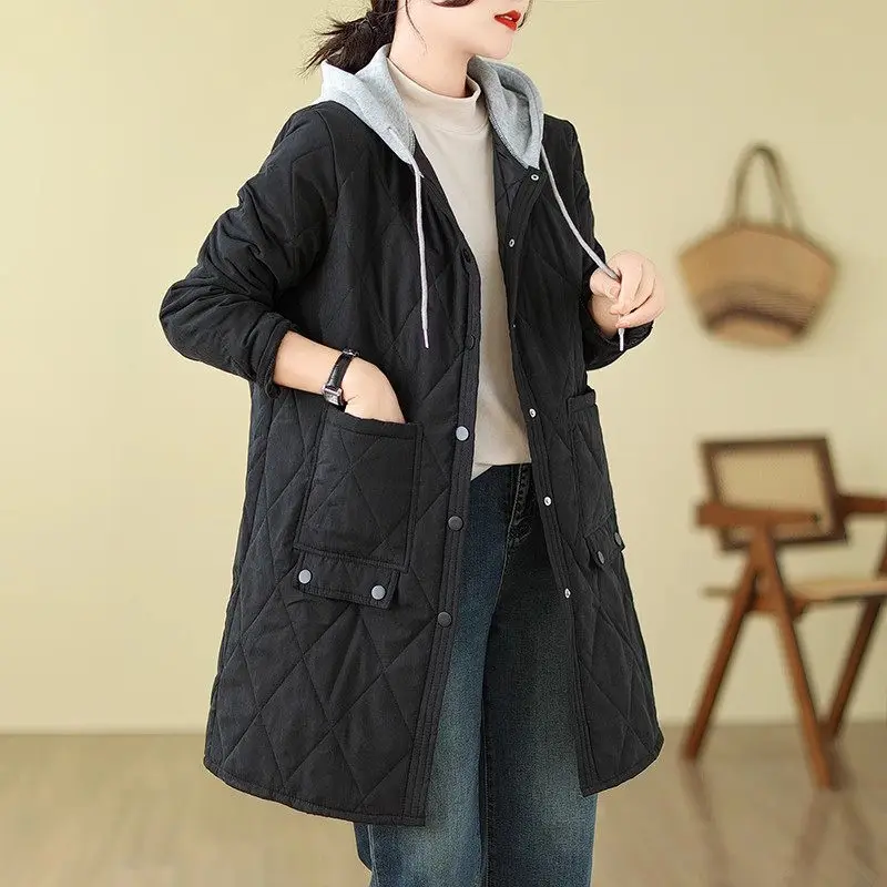 Casual Quilted Clothes 2023 Autumn Winter Down Cotton Jacket Women\'s Mid Length Diamond Plaid Loose Large Size Hooded Coat Z3097