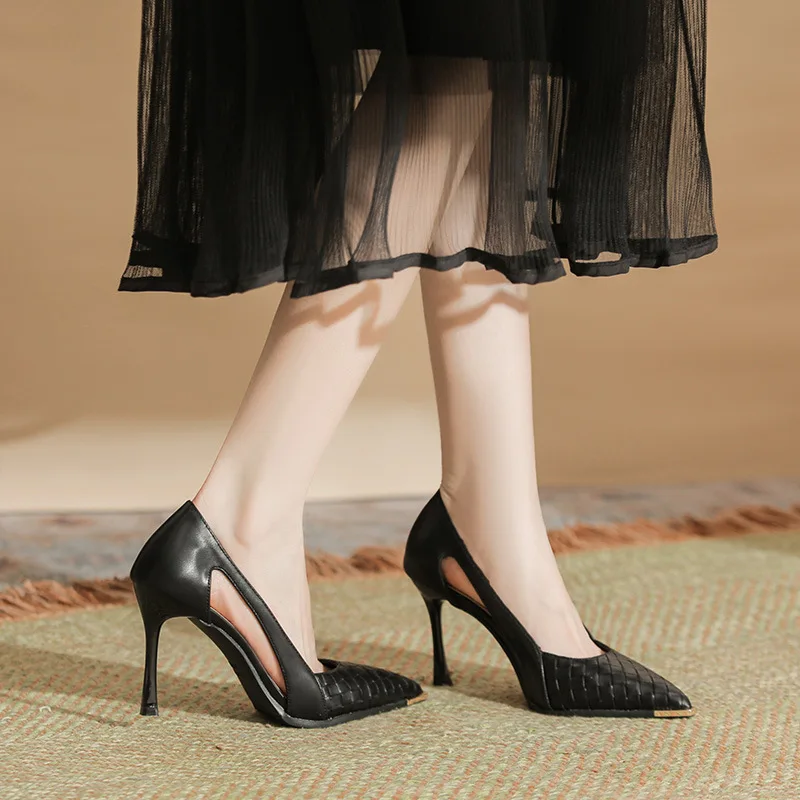 

Размер 31–43, черные туфли на шпильке, женские вечерние модельные туфли, туфли на высоком каблуке с металлическим носком из искусственной кожи и полым дизайном