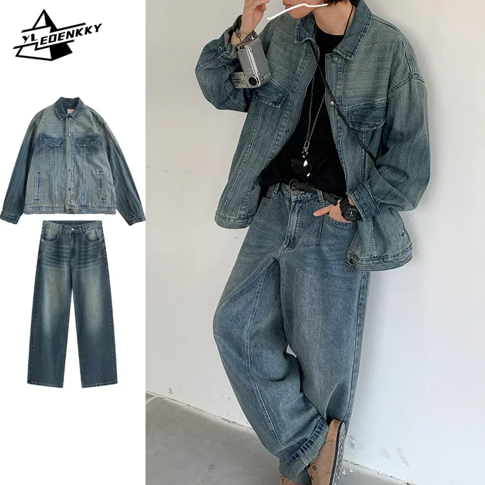 Hip Hop Denim Set Men Women Washed Distressed Striped Denim Jackets+Vintage Straight Loose Harlan Jeans High Street Cargo Suit