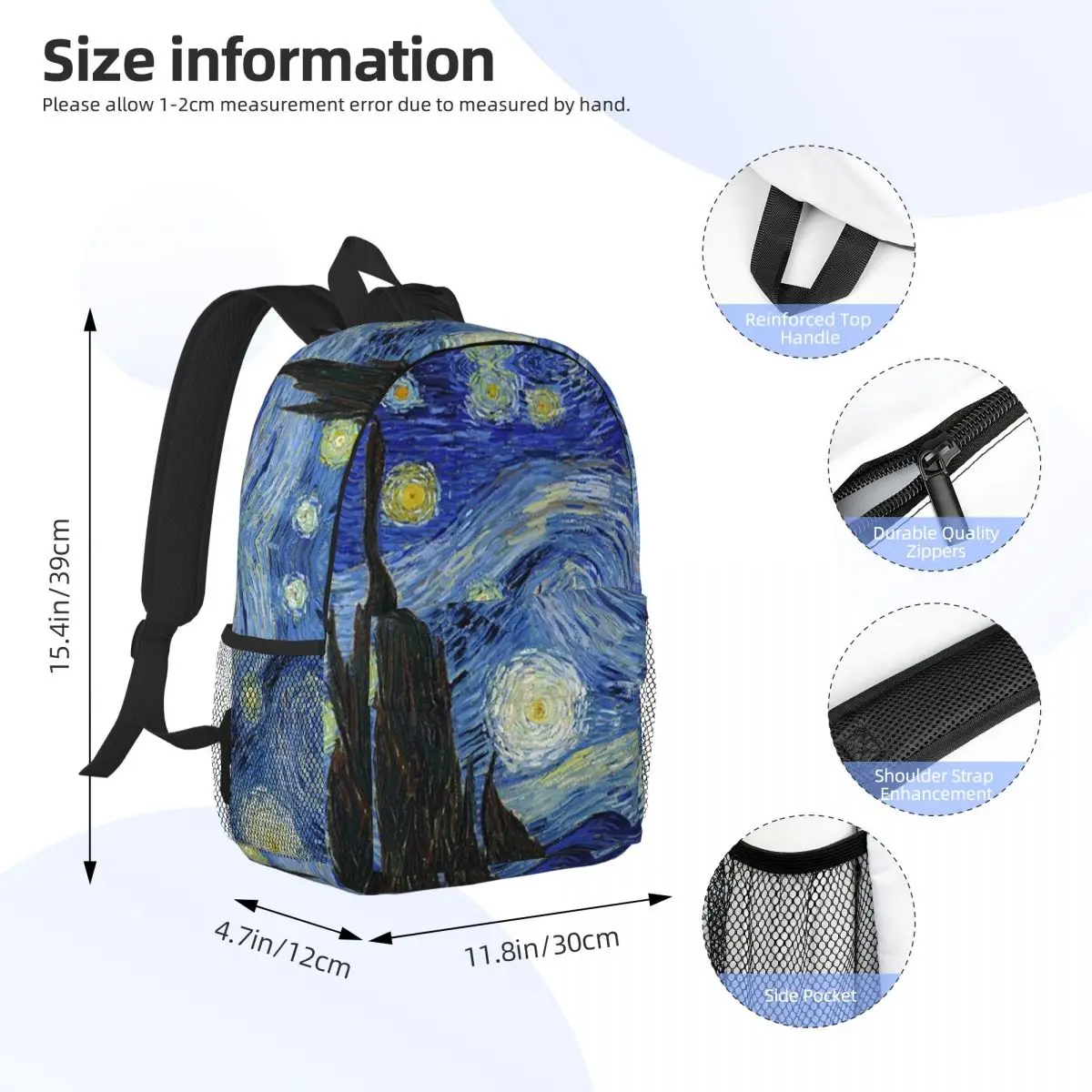 Starry Night Vincent Van Gogh Backpacks Boys Girls Bookbag Casual Students School Bags Laptop Rucksack Shoulder Bag