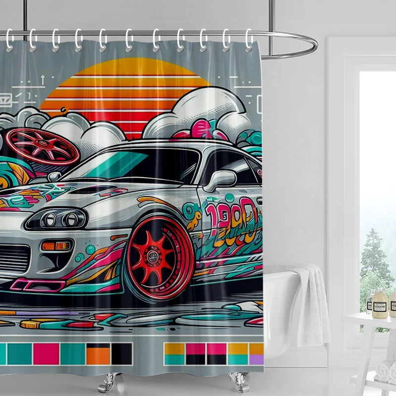 Car Cartoon Shower Curtain Waterproof Bathroom Curtain Bathroom Partition Curtain Universal Home Decor Ins Style