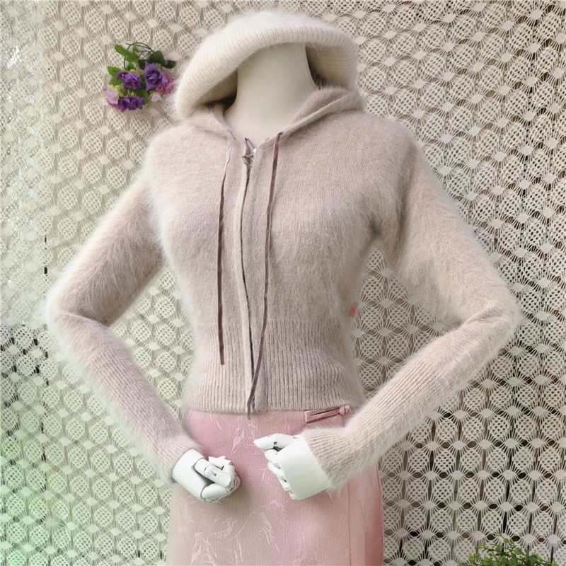 Suéter Cárdigan con Capucha de Punto de Pelo de Conejo Angora para Mujer, Top Corto de Manga Larga Ajustado, Chaqueta de Punto de Moda para Dama