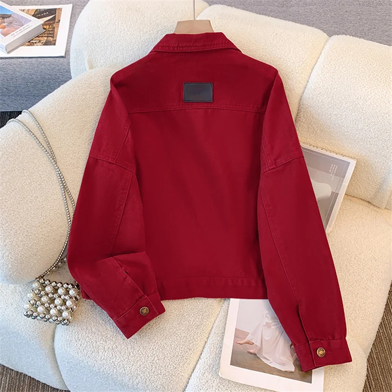 Korean Casual Women Short Denim Jacket Autumn Wine Red Coffee Color Khaki Lapel Single-Breasted Long Sleeve Jeans Jacket Coat