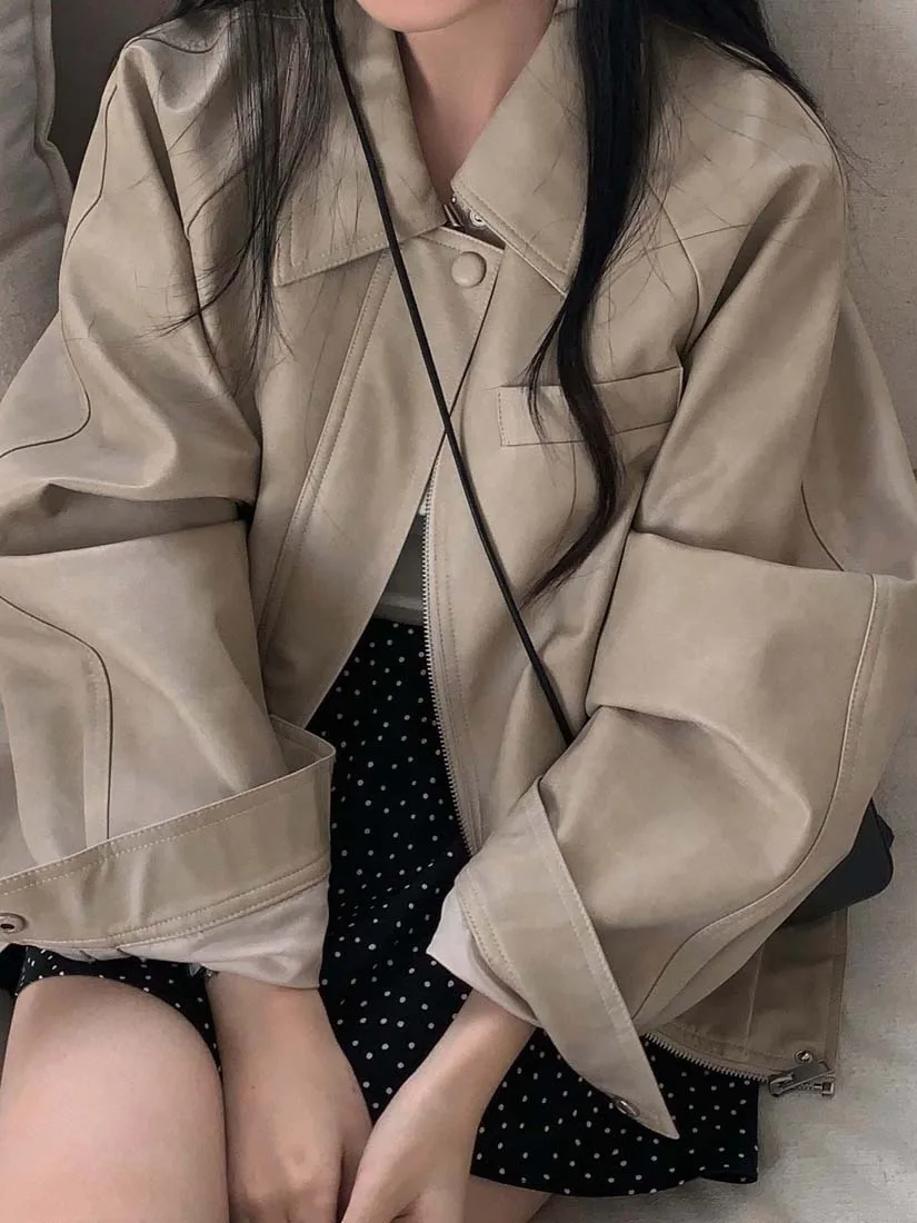 Sli PU Leather Jaet Women's Chic Retro Lapel Loose Versatile BF Sle Motorcycle Clothes Trendy Long Sve Commute