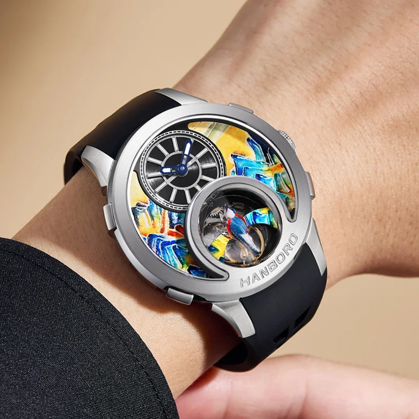 HANBORO Men Automatic Watch 43.6mm Mechanical Wristwatch Luminous Enamel Carved Painted Mountain Skeleton Rotatable Bird Dial