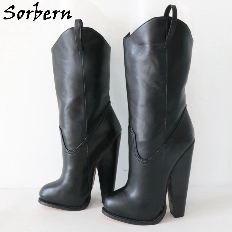 Sorbern Black Matte Wide Ankle Boots Women Block High Heel Stilettos Cute Round Toe Hidden Platform Shoes Slip On Unisex Booties