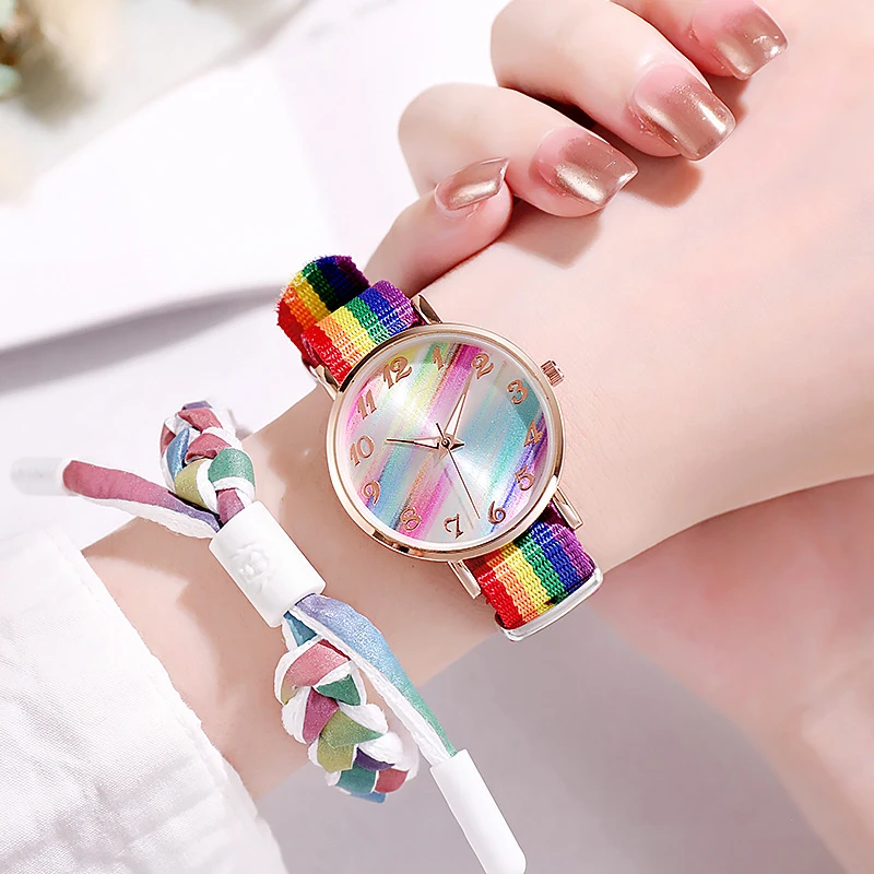 Fashion Rainbow Color Women\'s Watch Nylon Strap Colorful Wristwatch For Ladies Casual Quartz Female Clock Students\' Gift reloj