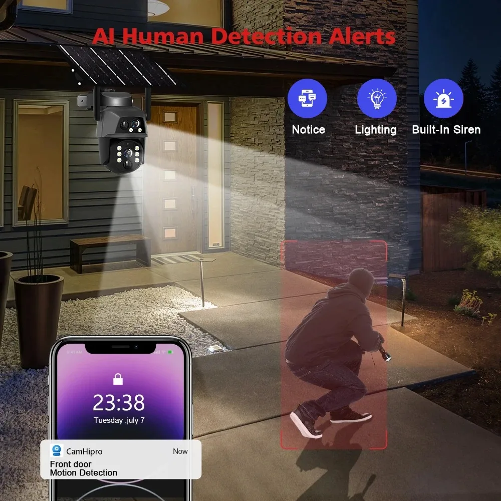 8MP 4K ソーラーカメラ 4G SIM カード屋外デュアルレンズスクリーン WiFi 監視 PTZ バッテリー CCTV カメラ人間検出自動追跡
