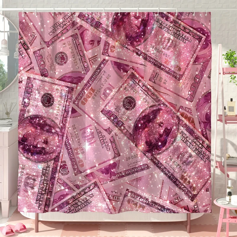 Sparkle pink Euro art shower curtain with glitter money print-180.34X180.34 cm water-resistant polyester bathroom decor with 12