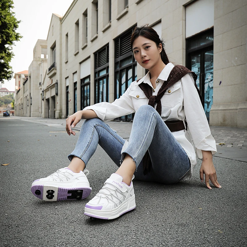 Boys Girls Roller Shoes Fashion With 4 Wheels Semi Professional Children Parkour Deformation Pulleys Running School Skate Shoes view 6