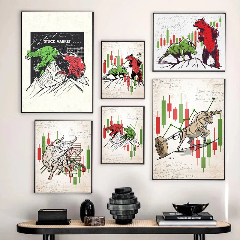 Vintage Bears Vs Bulls Wrestle Fight Stock Market Trading  Art Poster Canvas Painting Wall Print Picture for Office Home Decor